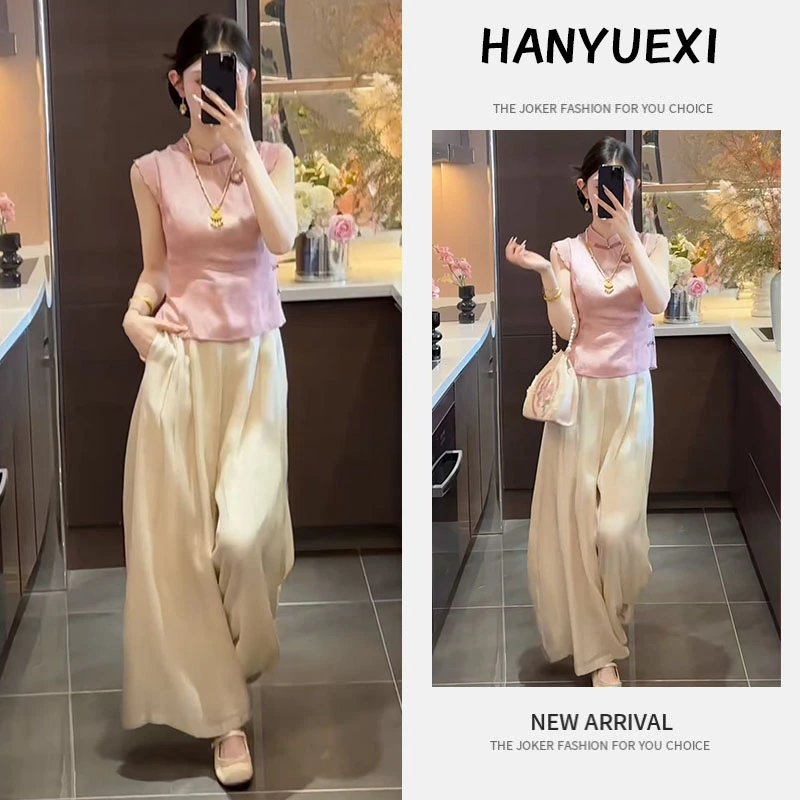 506154+506028流行穿搭一整套2025新款新中式国风盘扣上衣阔腿裤