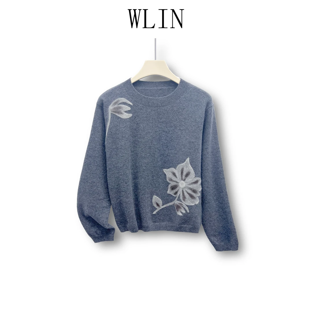 WLIN 百分百山羊绒圆领刺绣国风中式女士针织衫WL37359