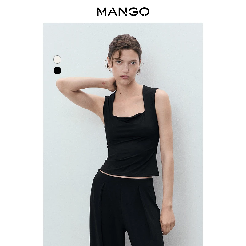MANGO女装吊带背心2025秋装新款方领无袖宽肩带修身短款上衣