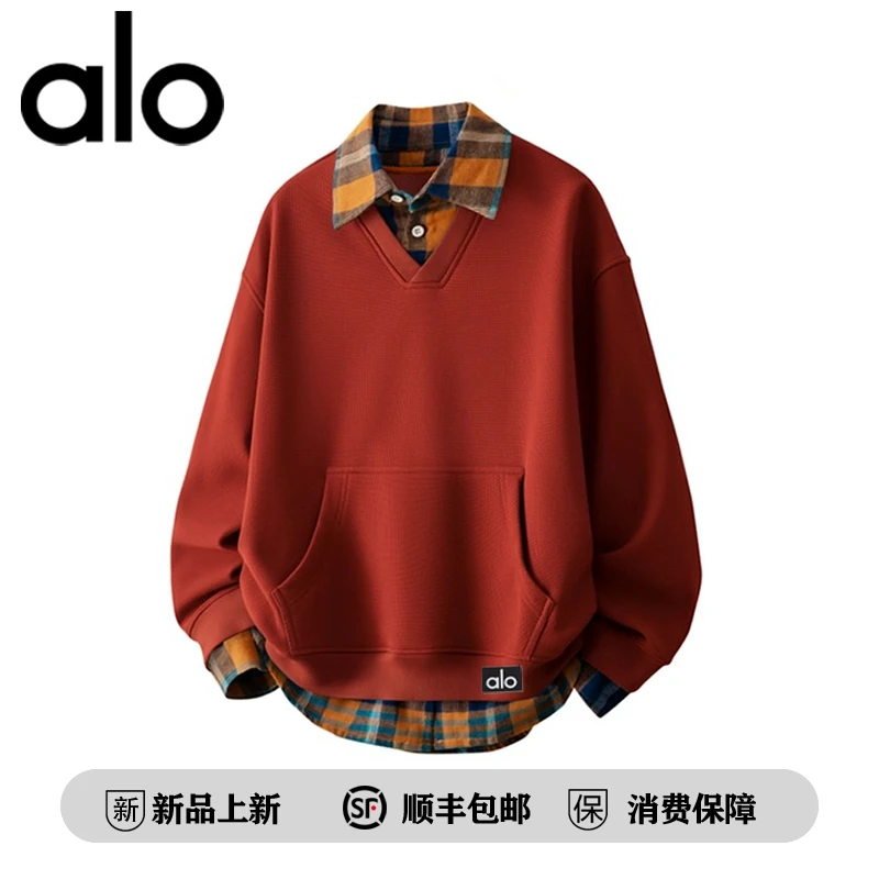 【官方奥特莱斯】品牌折扣 美式复古衬衫领假两件百搭华夫格卫衣男