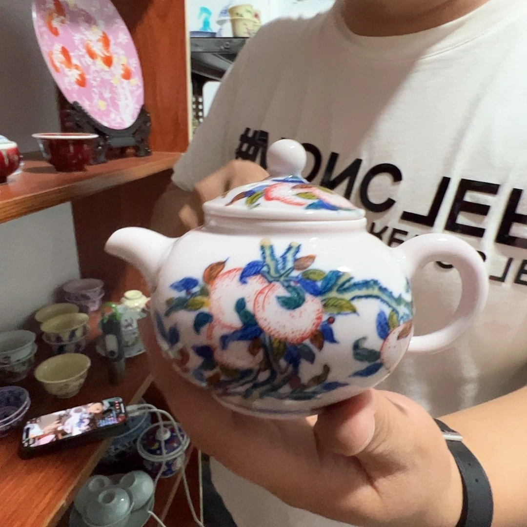 瓷片景德镇陶瓷红希希四方桃壶一个