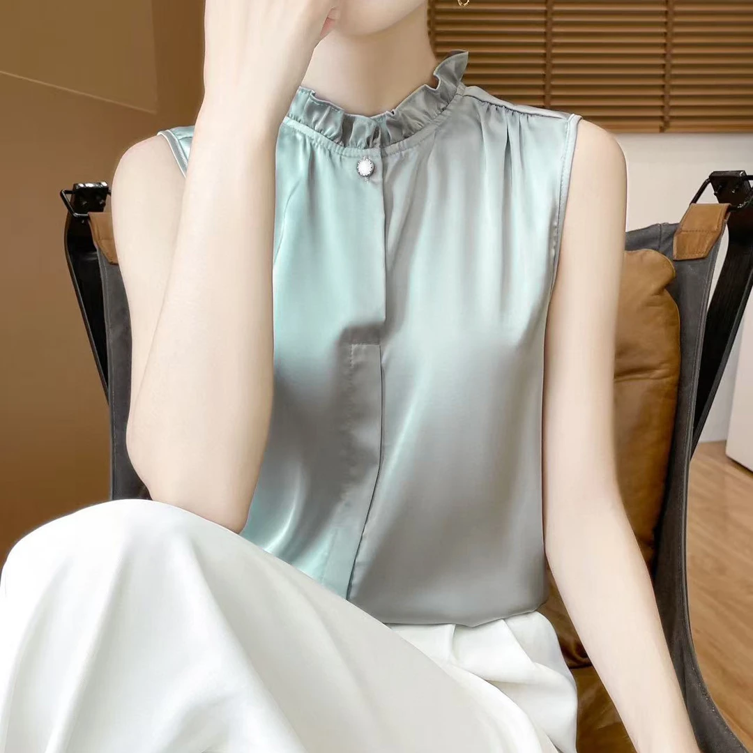无印心匠K303缎面~ 木耳边+无袖 衬衫女丝滑 A25041-3