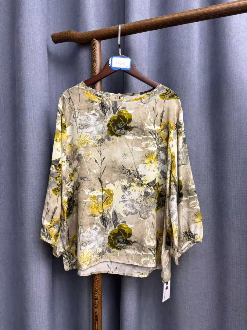 2025夏季新款休闲时尚圆领桑蚕丝双绉印花七分袖上衣女H1703