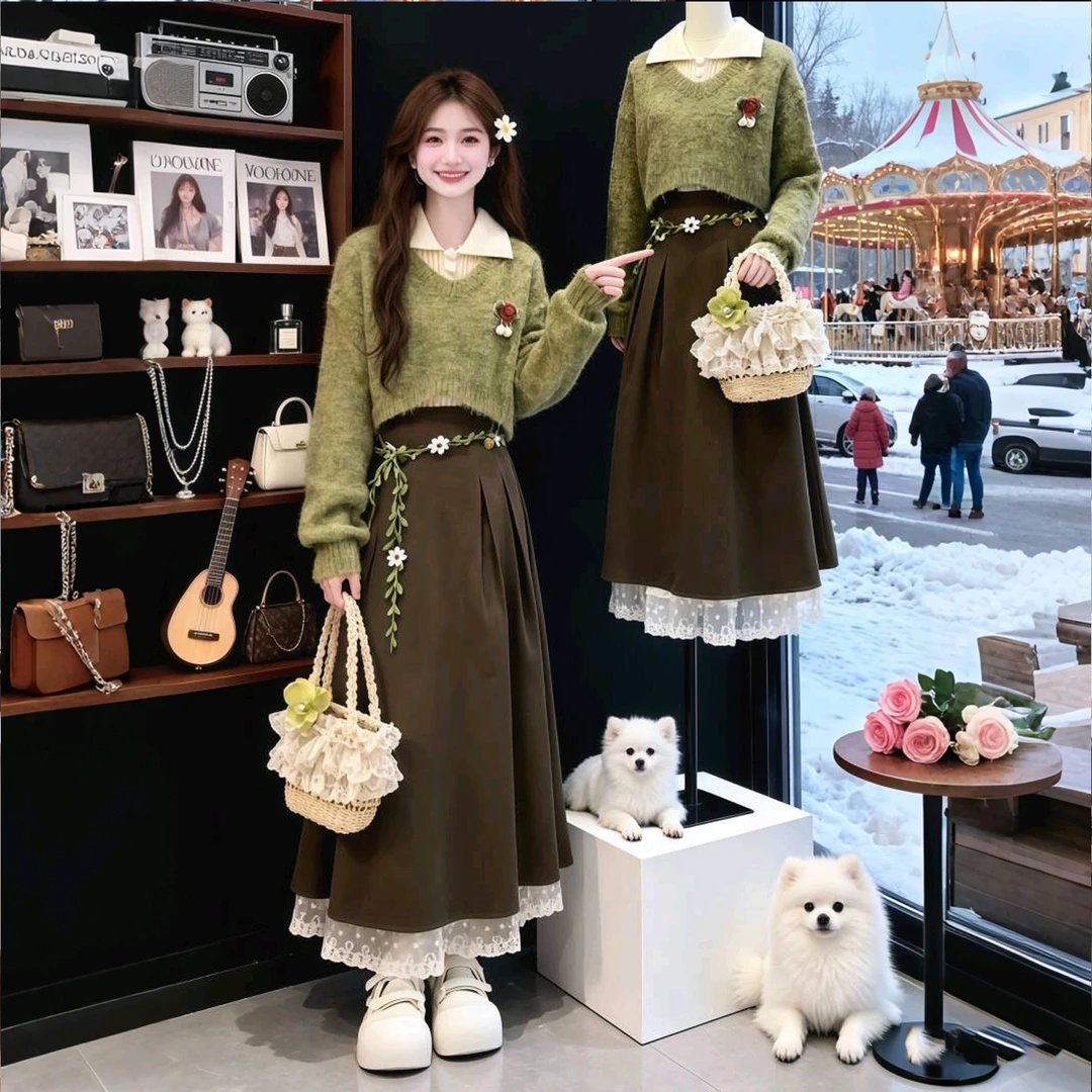 巨好看的秋装一整套韩系洋气减龄针织毛衣内搭背心半身裙三件套女