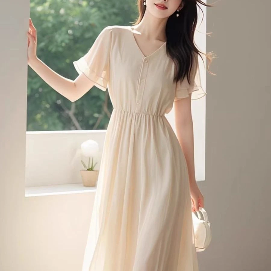 新款法式爆款雪纺气质裙收腰复古裙子夏装小个子子女夏季女装长裙