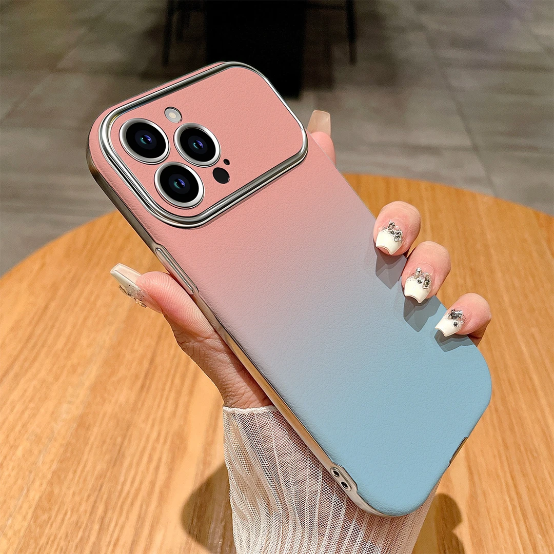 简约渐变白桃色适用苹果17promax新款手机壳iPhone16大视窗15皮质