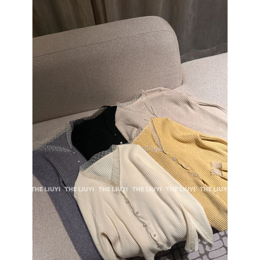 【LIUYI】网纱拼接V领长袖针织打底开衫512165