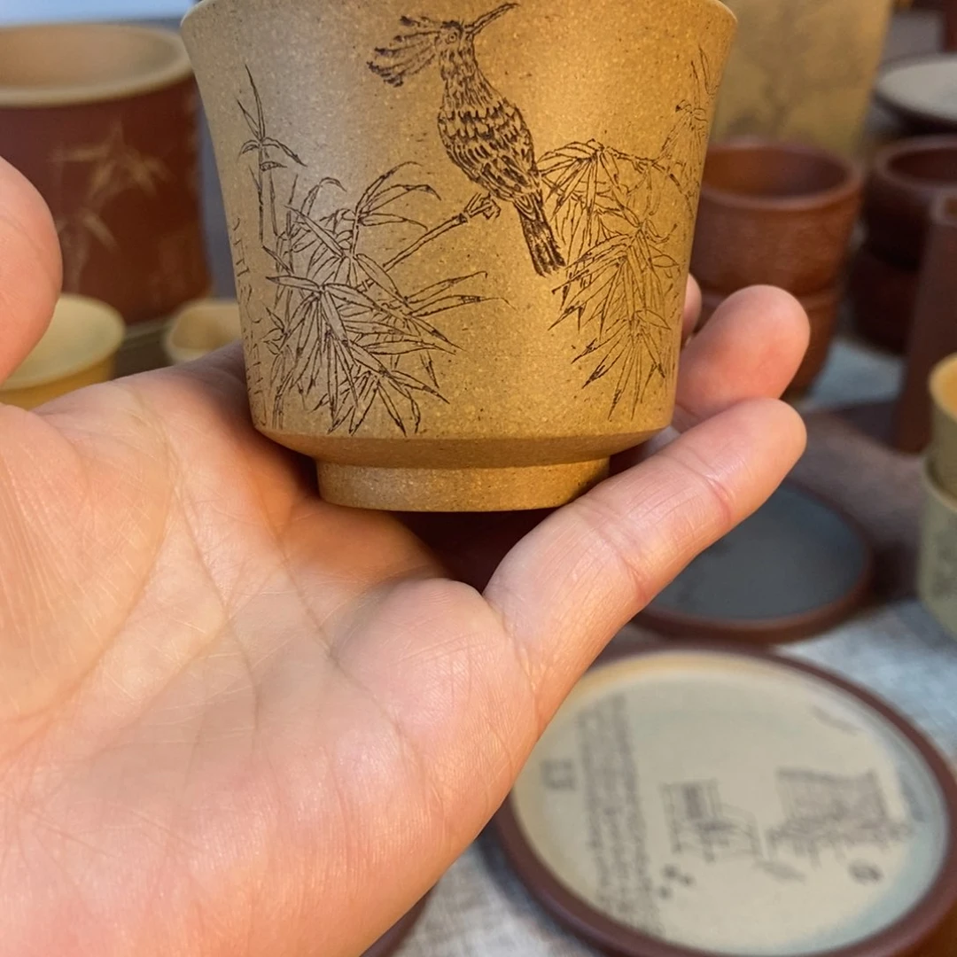 紫砂段泥主人杯，刻绘竹鸟，满容130毫升用****6