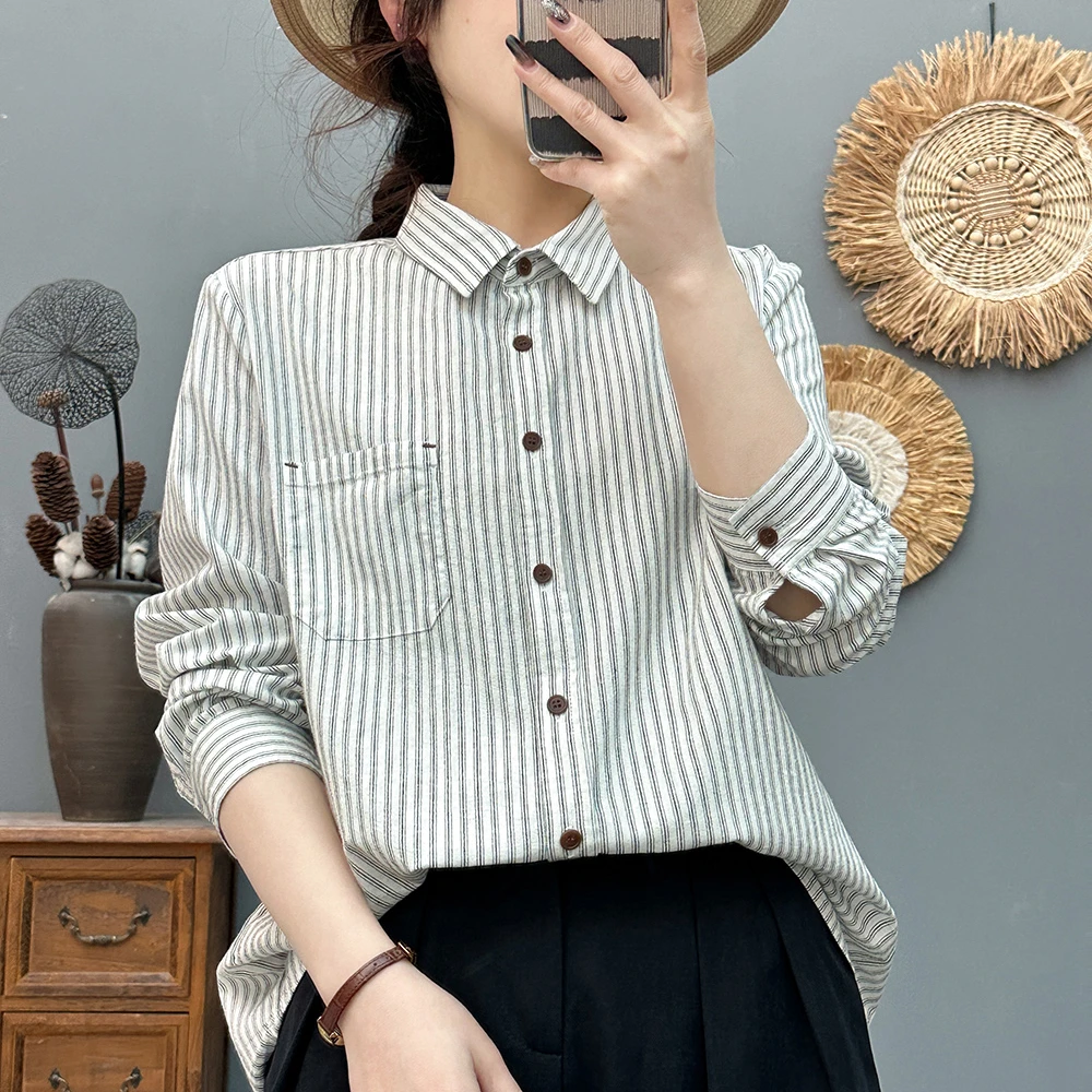 春秋新款复古韩版Polo领条纹减龄褶皱感别致休闲纯棉长袖衬衫百搭