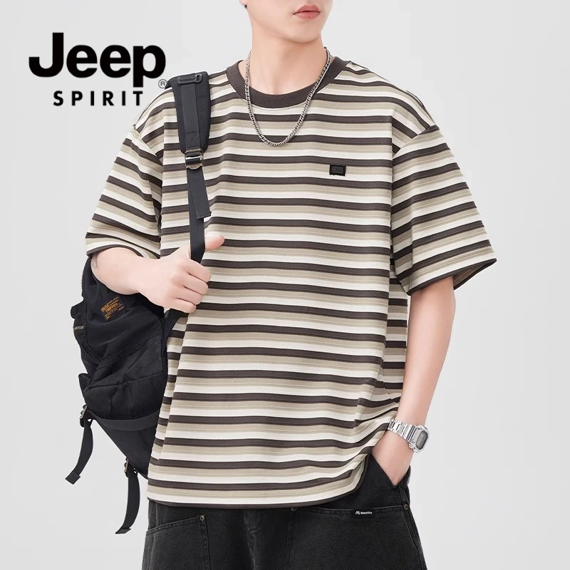 JEEPSPIRIT吉普夏季薄款短袖T恤男2025新款条纹宽松大码半袖体恤