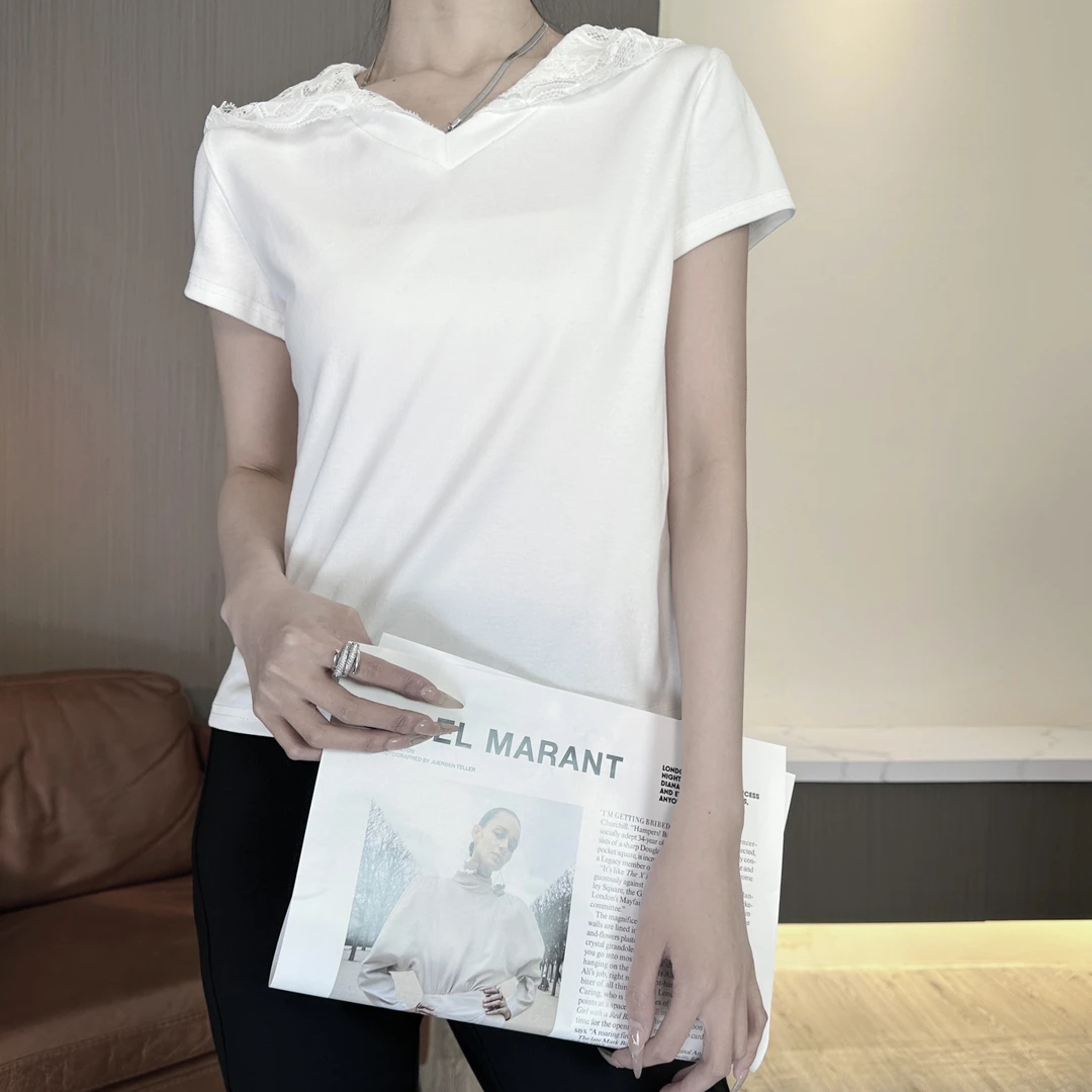 娜比小新短款圆领短袖蕾丝宽松型T恤夏季显瘦百搭网红时尚气质