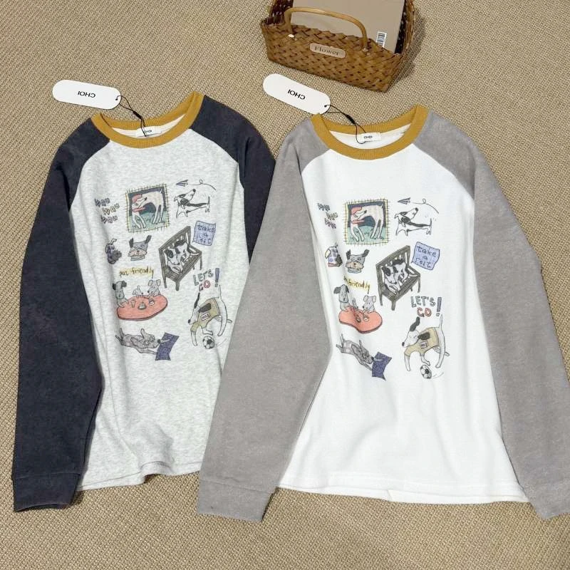 韩订单ch冬季加厚毛巾棉绒插肩袖复古卡通宽松长袖T厚款