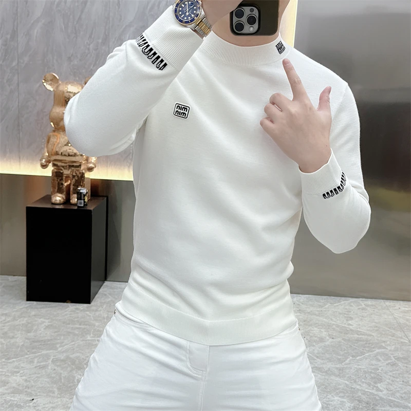 2025针织衫男轻奢新品时尚圆领印花纯色毛衣修身长袖打底衫潮5086