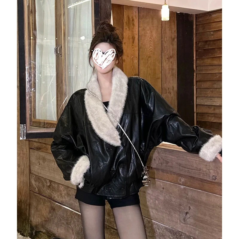 【清冷感】PU皮草毛领皮衣外套女冬季加绒加厚宽松上衣短外套