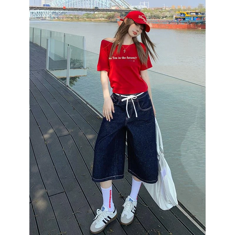 POYZ春夏美式复古水洗原牛色阔腿七分裤女宽松显瘦百搭休闲直筒裤