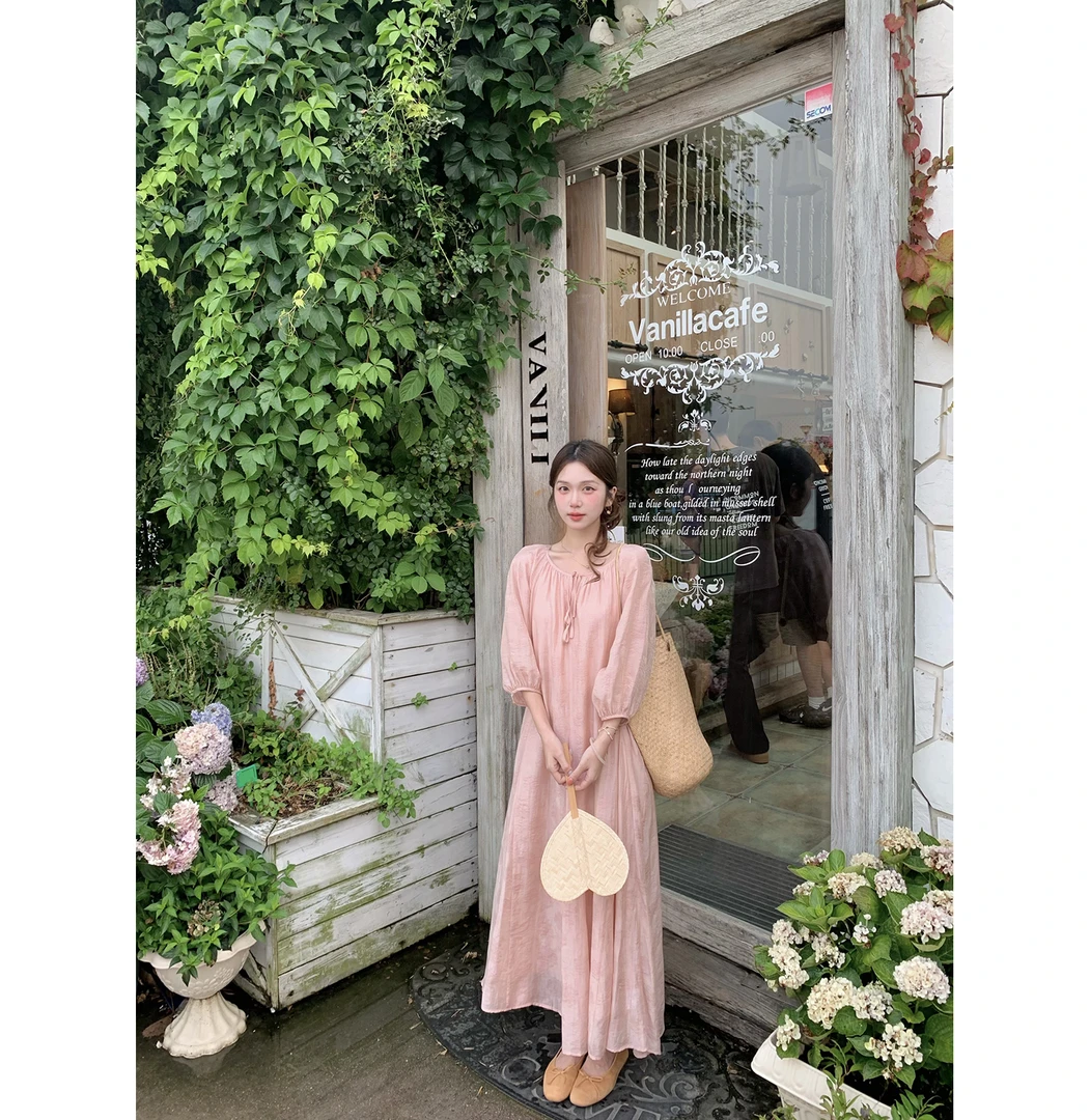 陳文文xenl【花栖幻影】新款温柔风轻盈透气插肩袖连衣裙长裙8997