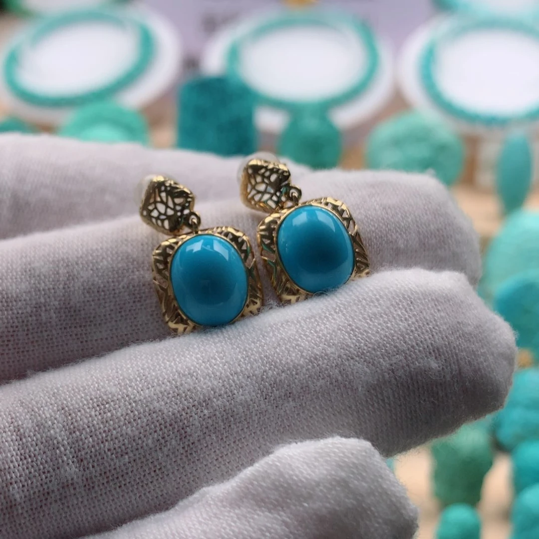 绿松石耳钉18K金镶嵌