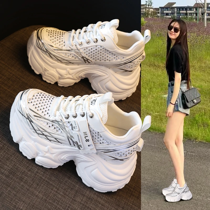 厚底松糕老爹鞋女内增高9cm高跟新款秋水钻小个子休闲运动鞋显高