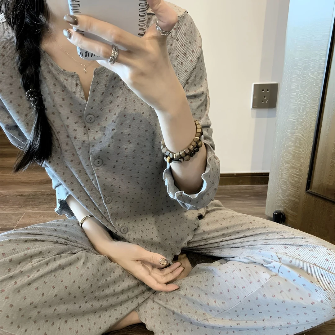 甜美碎花长袖睡衣女春秋季2025新款韩版小香风少女开衫家居服套装