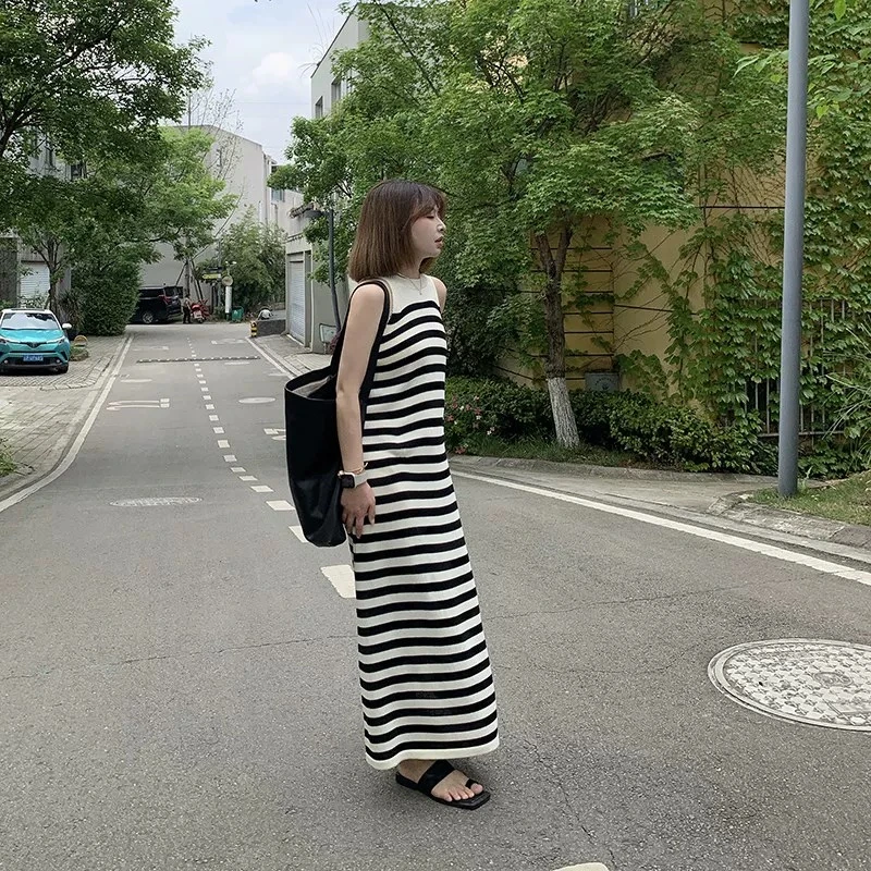 6148 祺欣家 韩版时尚无袖背心显瘦条纹夏季中长款针织连衣裙