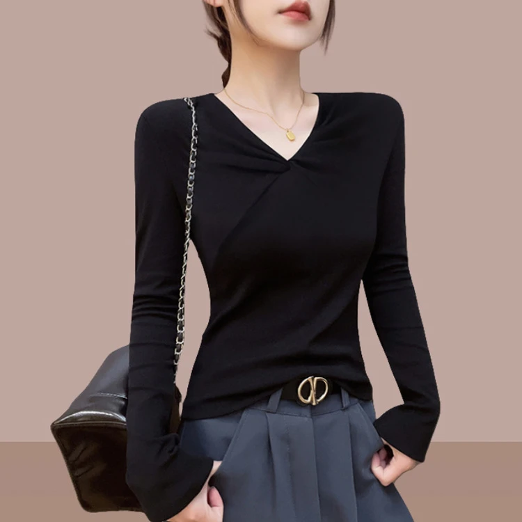 黑色V领长袖打底衫女装气质内搭秋冬季新款显瘦扭结设计感T恤上衣