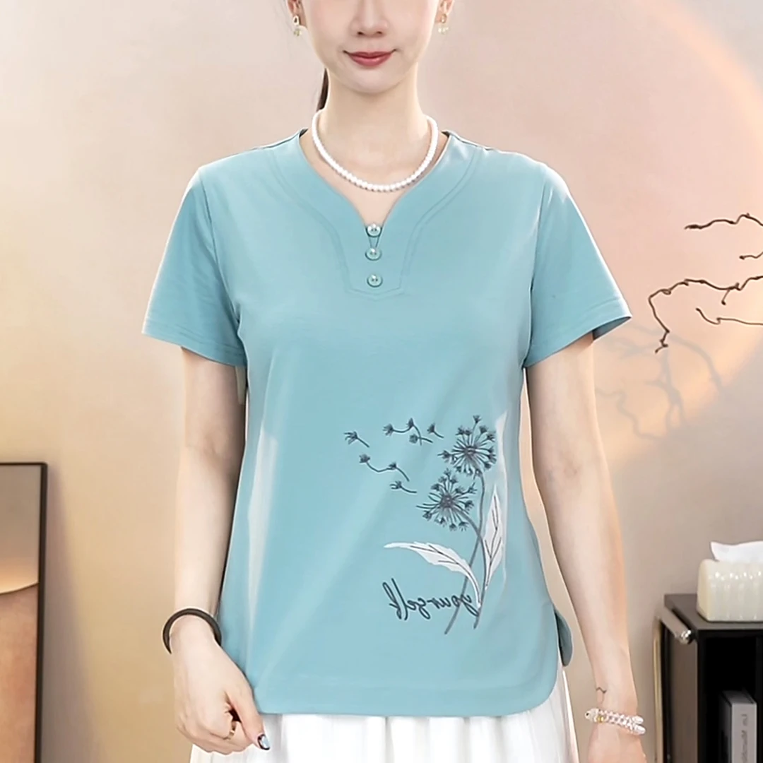 冰丝短袖T恤女夏季新款宽松显瘦V领减龄百搭遮肚子气质时尚女士