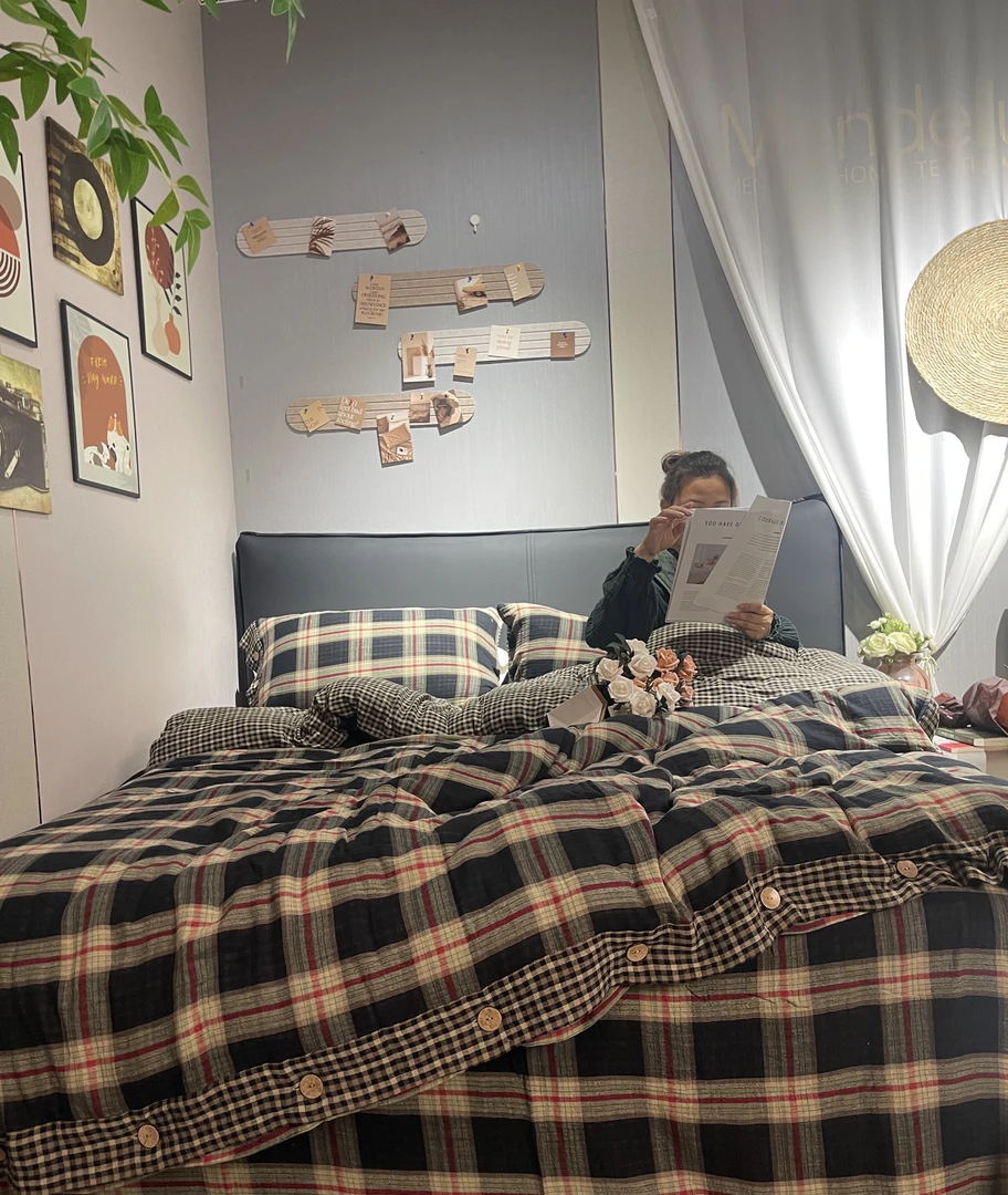 她.家 蓝调 百分百全棉色织提花双层纱四件套