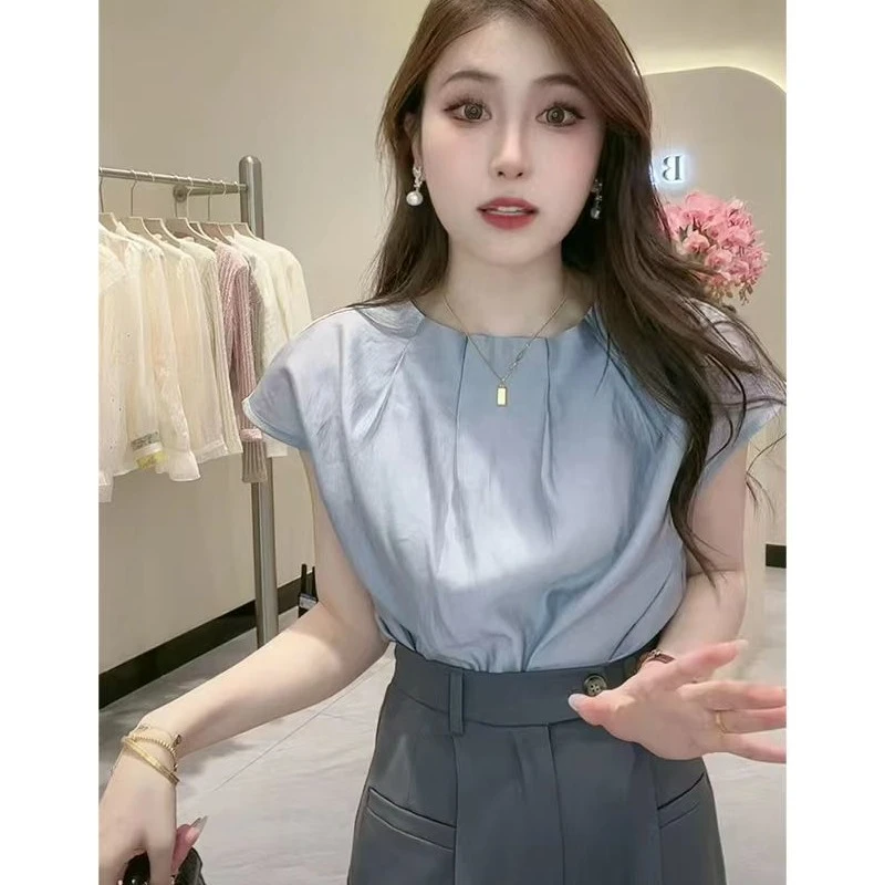 2920法式气质飞飞袖衬衫女新款夏季高级感褶皱宽松显瘦纯色小上衣