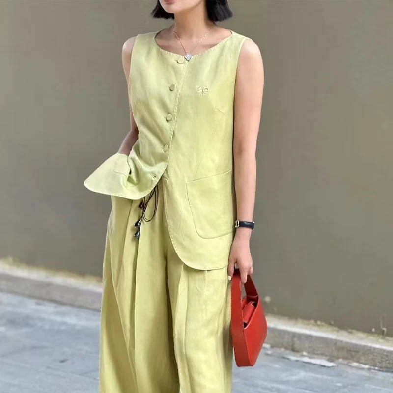 AVVENN2025夏季新品透气亚麻立体绣花造型绑带马夹