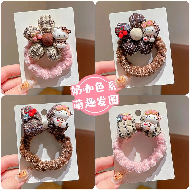 蝴蝶结卡通凯蒂猫花朵发圈女童奶咖色可爱高弹力不伤发宝宝发饰
