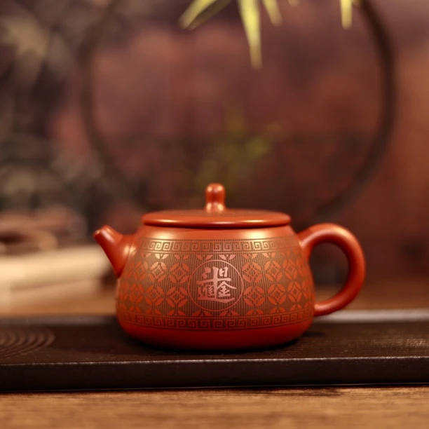 朱泥日进斗金石瓢壶紫砂壶小容量手工雕刻功夫茶具家用泡茶壶功夫