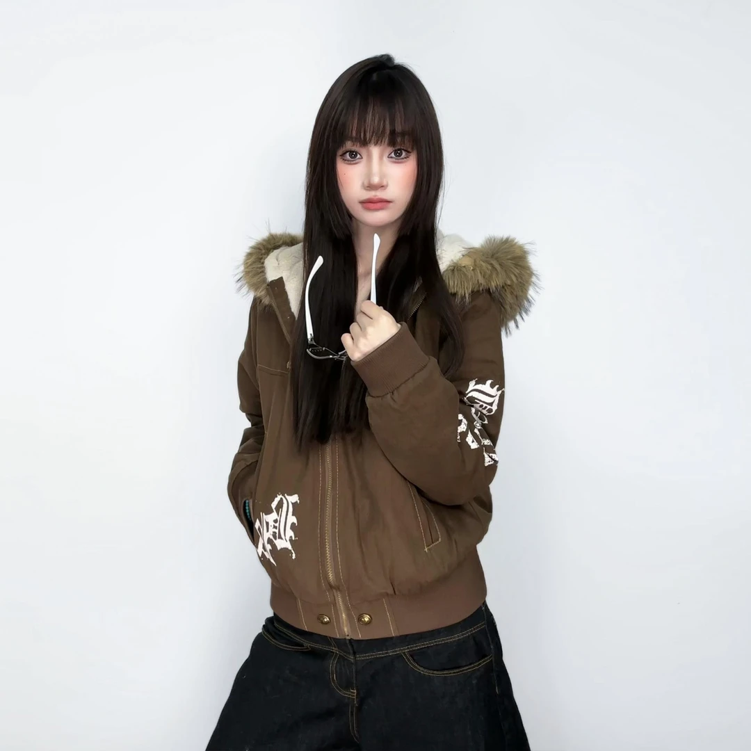 JADE QILIN冬季新款长袖短款连帽加绒修身型女士耐磨常规款棉服