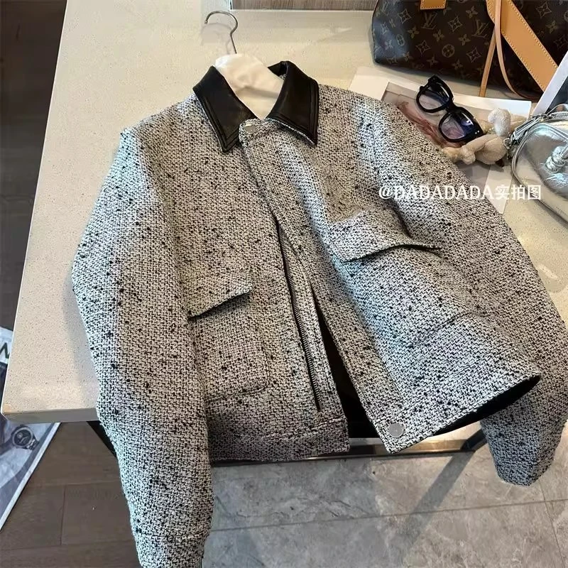 大码300斤高级感洋气PU拼接编织外套粗花呢设计感百搭毛呢上衣女