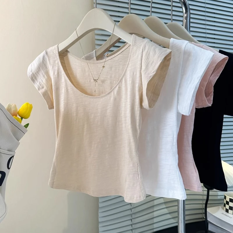 韩系U领漏锁骨粉色T恤女春夏季短款小个子内搭上衣打底衫正肩短袖