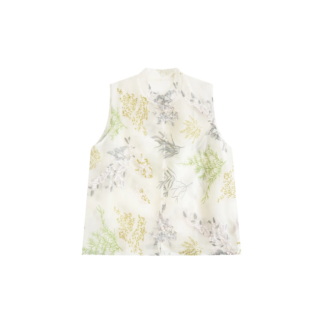 晴初 新款设计感双层满分桑蚕丝欧根纱刺绣锦花马甲 24058