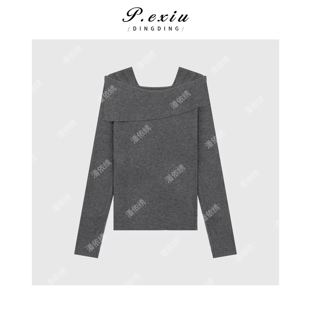 气质优雅一字肩翻领针织上衣Q6566