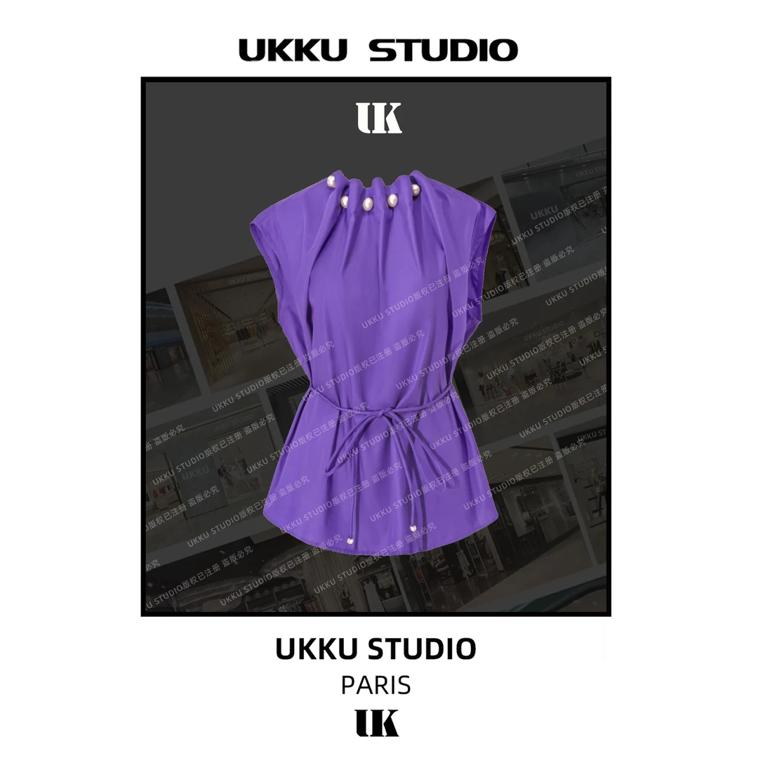 大美【UKKU STUDIO】小众简约纯色款宽松圆领短款珠珠女装T恤312346