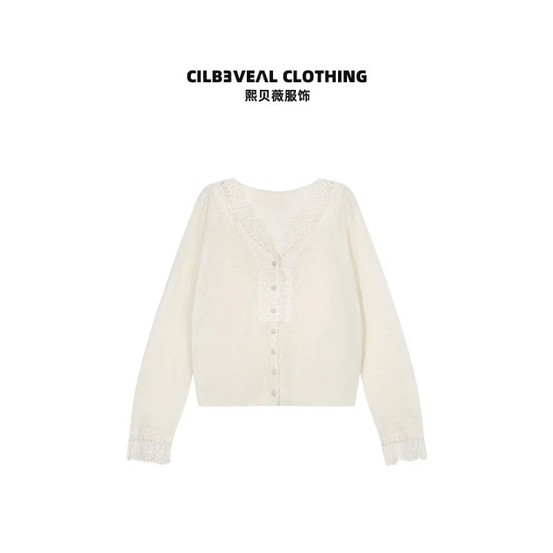 熙贝薇5 冬季新款山羊绒+莱赛尔开衫V领蕾丝绵羊毛针织衫 G5976