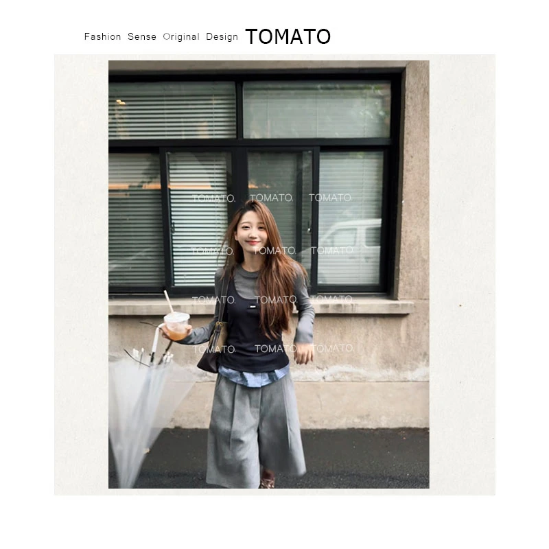 TomaTo-新款韩系显瘦拼接格子百搭个性背心T恤假俩件 C25T01193
