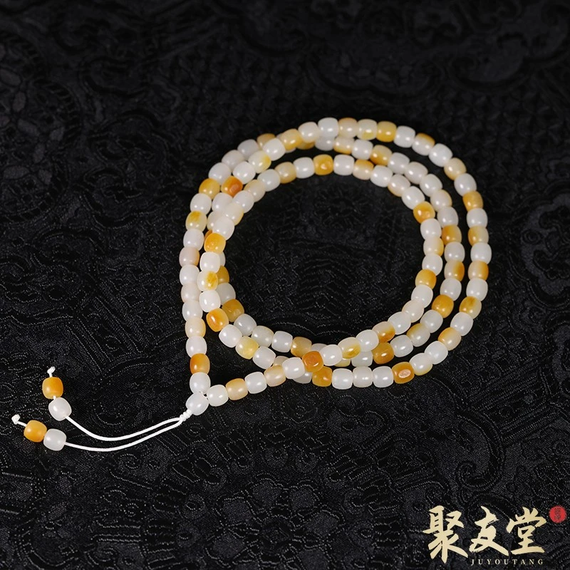 聚友堂王伟玉雕5.2*5mm新疆和田玉籽料白玉黄沁老型珠项链手链661