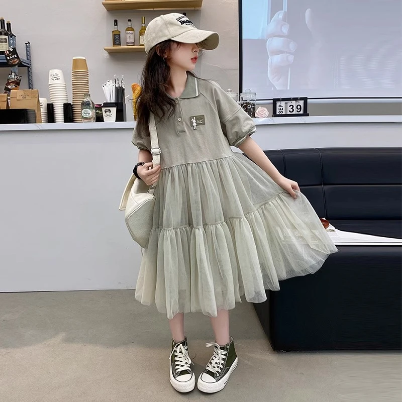 女童polo连衣裙2025夏季新款洋气时髦女大童网纱裙儿童夏装休闲裙