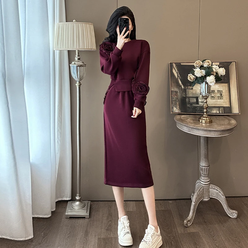 秋冬新款气质减龄半身裙套装2025春秋时尚休闲立花朵长袖两件套