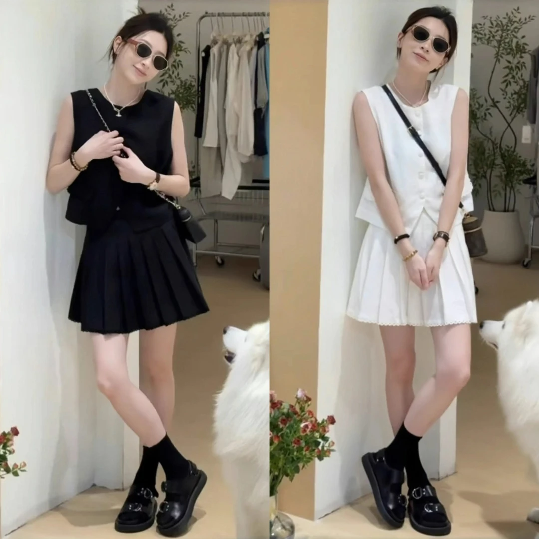 巨好看的夏季套装韩版小香风气质减龄无袖马甲上衣百褶裙两件套