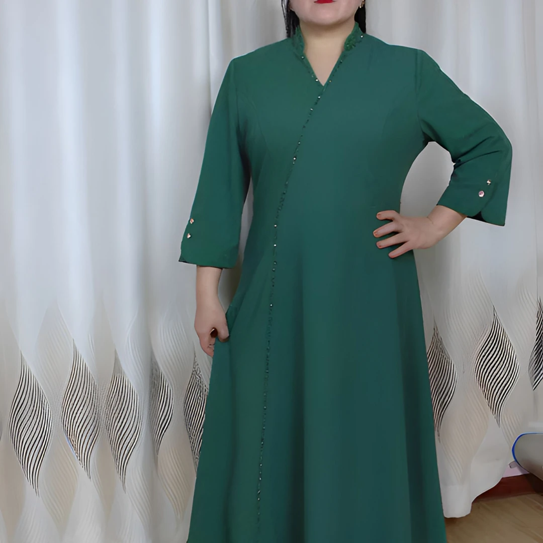V字，缝钻，七分袖，加大码气质长袖时尚绿色复古丝路绮梦大码女装
