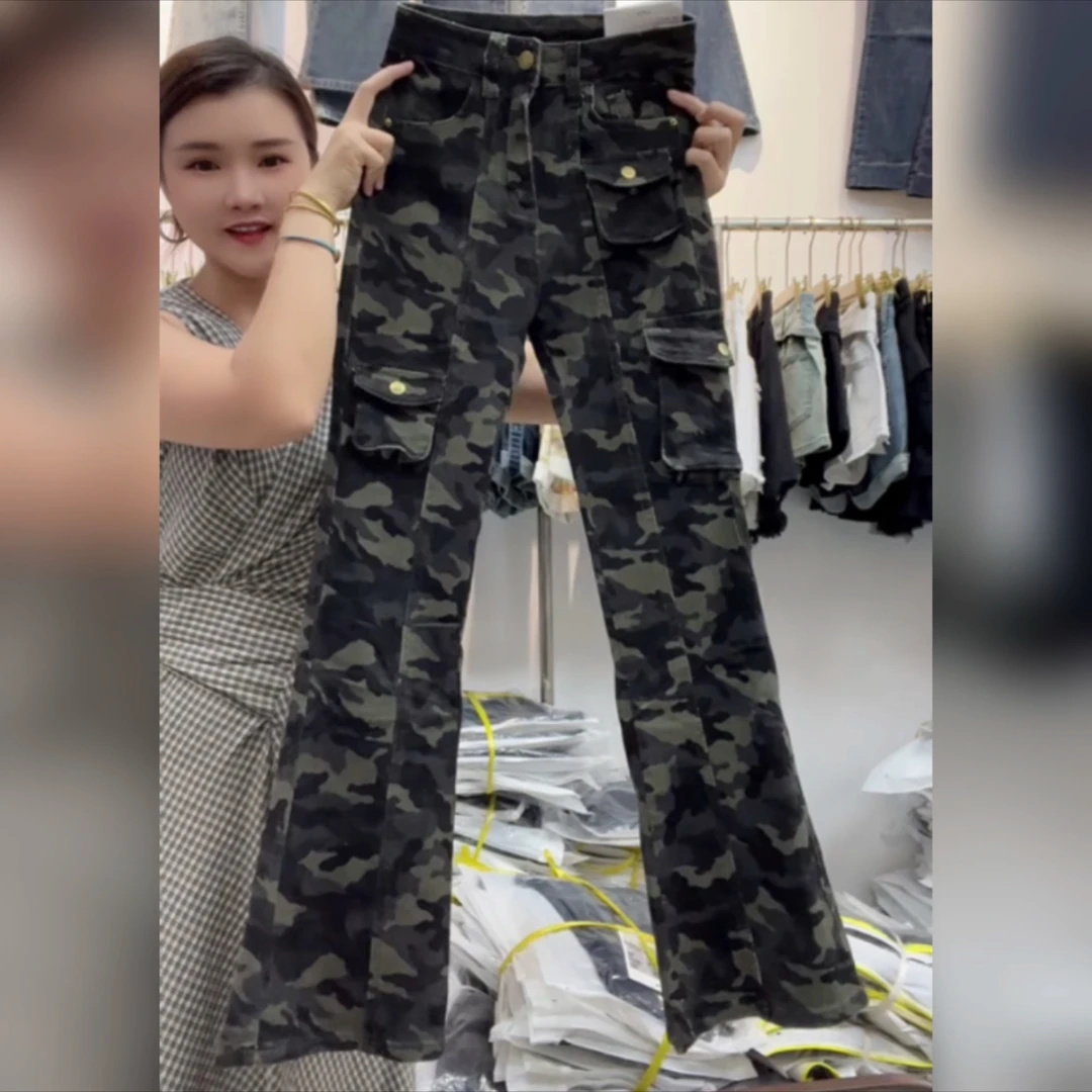 美式复古迷彩裤多口袋工装裤子女夏季新款高街辣妹微喇叭拖地长裤
