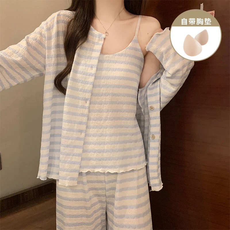 甜美风条纹带胸垫吊带长裤睡衣女款三件套装春秋季女士长袖家居服