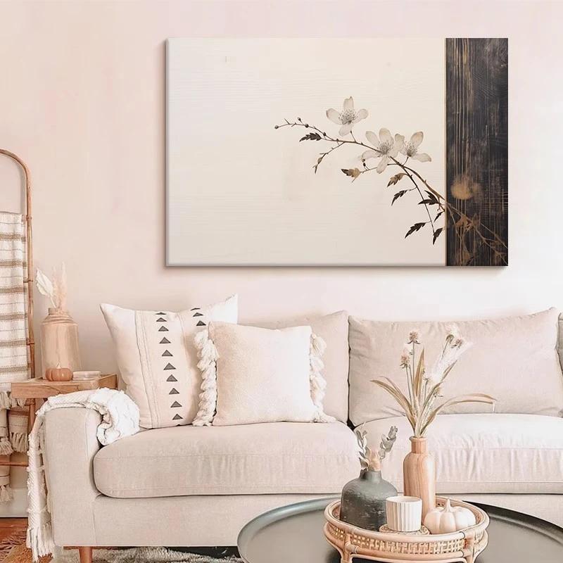 诧寂奶油风砂岩装饰画白色沙发背景墙挂画淡雅花卉卧室床头砂岩画