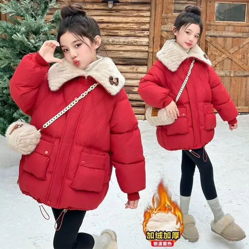 女童拜年服2024冬季新款中大童洋气加厚棉外套儿童红色棉服潮