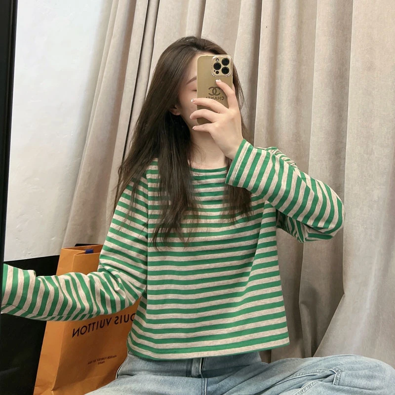 条纹打底衫女2025新款春装内搭小个子秋冬长袖t恤短款宽松上衣服