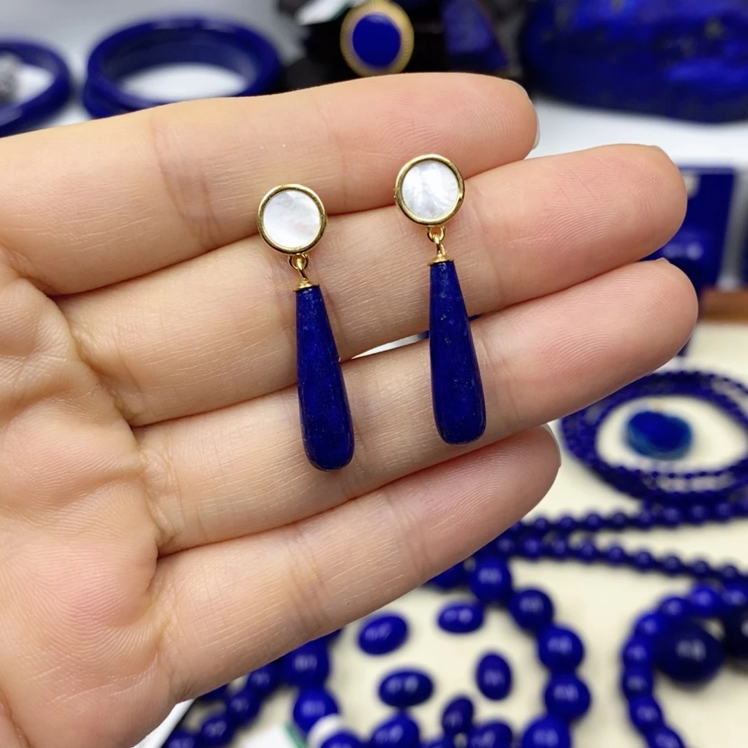 青金石耳饰银S925镀金镶嵌